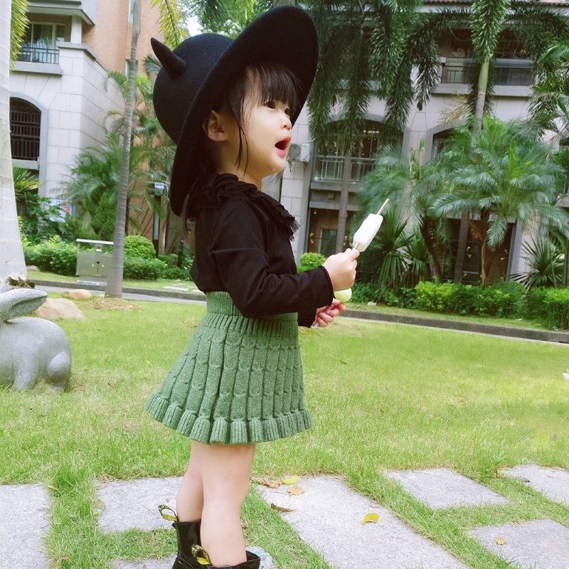 女童半身裙洋气时髦春秋装秋季儿童针织裙宝宝绿色百褶裙短裙裙子
