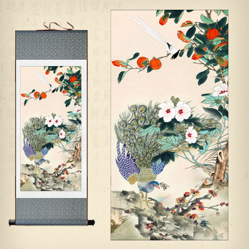 包邮国画花鸟孔雀图卷轴画客厅卧室装饰挂画立轴条幅丝绸画已装裱