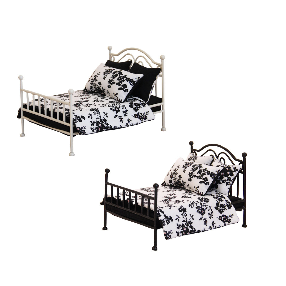 1:12娃娃屋迷你家具卧室场景BJD娃娃微缩摆件袖珍铁艺双人床