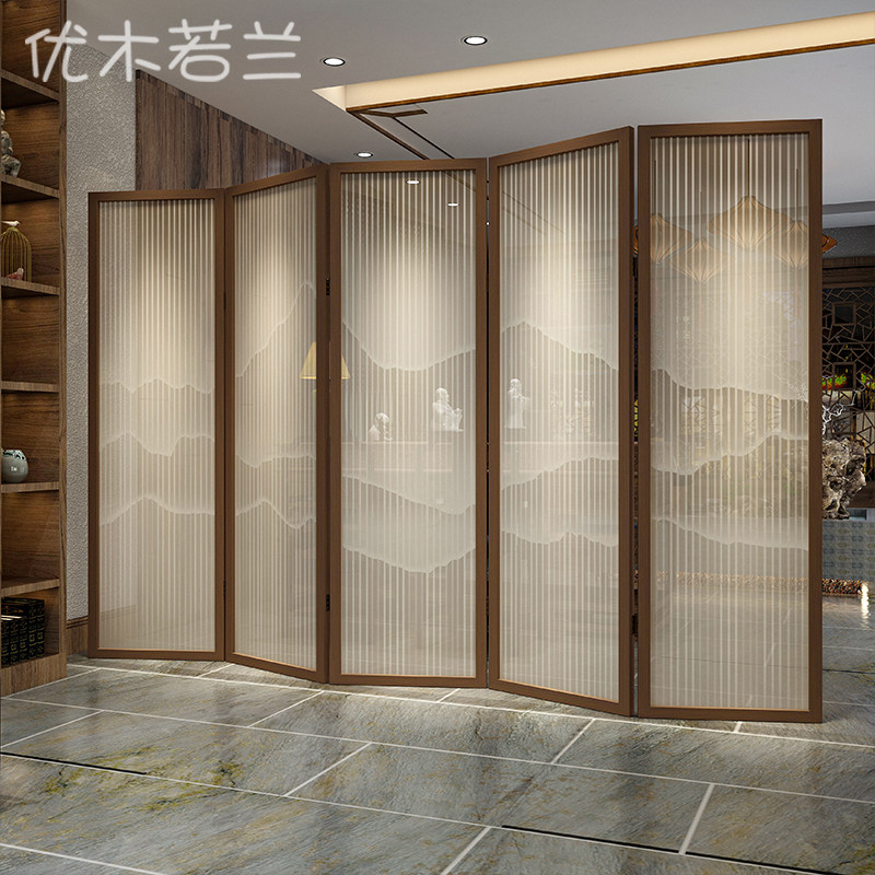 新中式折叠屏风木质隔断移动铝合金客厅玄关入户屏简约实木现代折