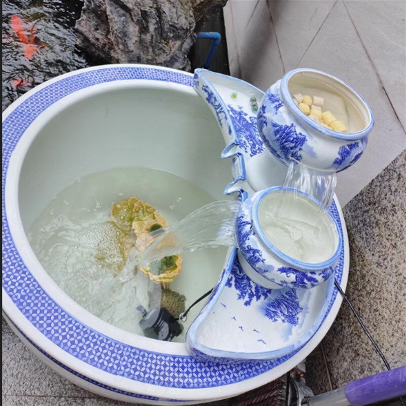 包邮水缸循环过滤器流水瀑布陶瓷摆件古法养鱼缸增氧循环过滤陶罐
