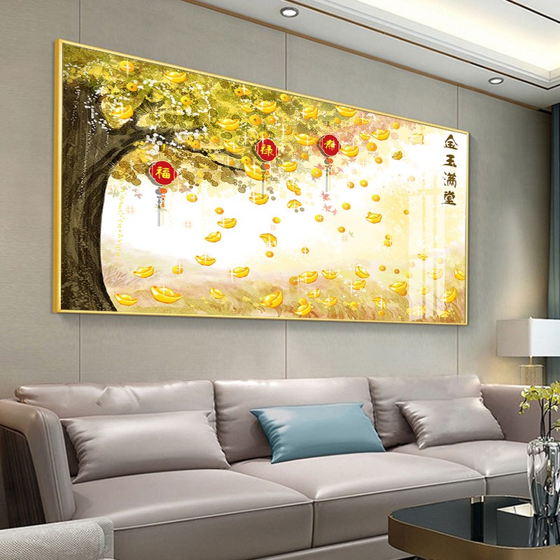 网红客厅发财树装饰画办公墙上挂画晶瓷钻画卧室室墙画财源广进晶