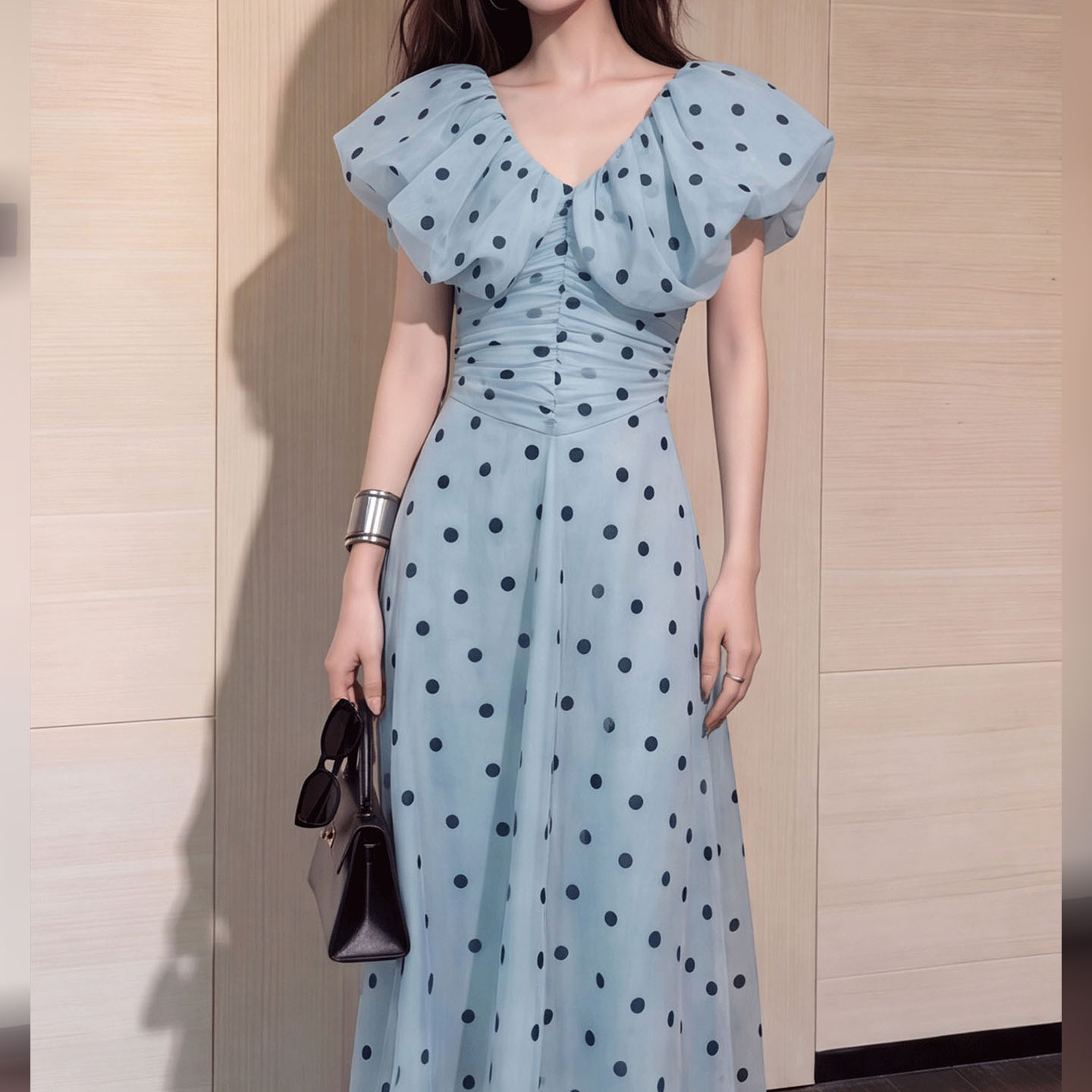 2026夏季新款法式度假风荷叶袖波点连衣裙女蓝色V领收腰显瘦裙子