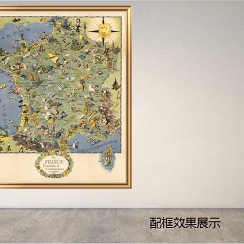 法国旅游和美食地图插画 复古欧式公司餐厅走廊书房酒店装饰画芯