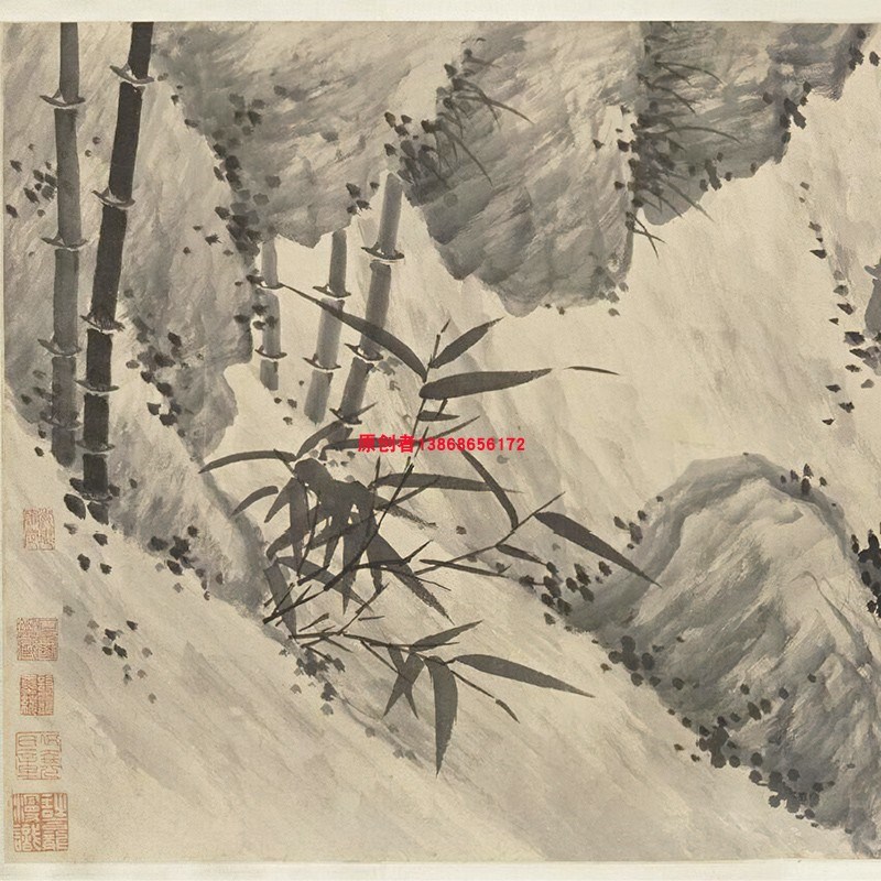 明夏昶湘江风雨图卷名家水墨竹子山水国画高清微喷复制装饰画临摹