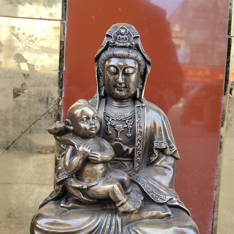 仿古铜观世音菩萨送子观音莲花坐像中式摆件铜童子观音高30公分