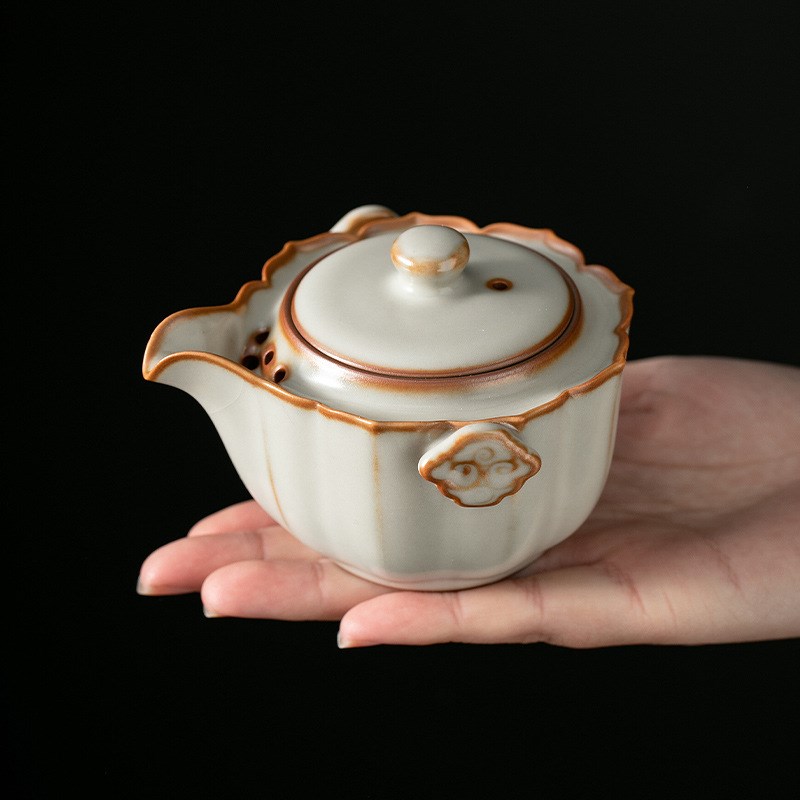 米黄汝窑茶壶单个盖碗功夫茶具开片可养小号泡茶器陶瓷家用手抓壶