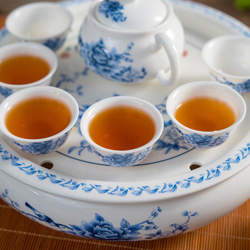 潮汕功夫茶 茶具套装 白色玉瓷青花瓷 整套带圆形陶瓷茶盘家用