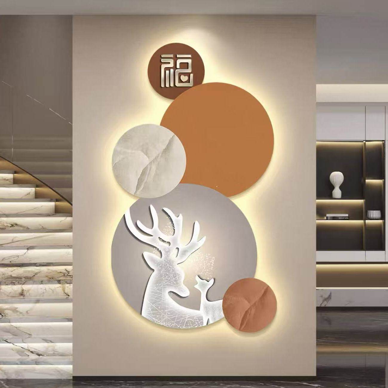 现代简约福字鹿子装饰画客厅玄关LED灯带UV精雕无框挂画