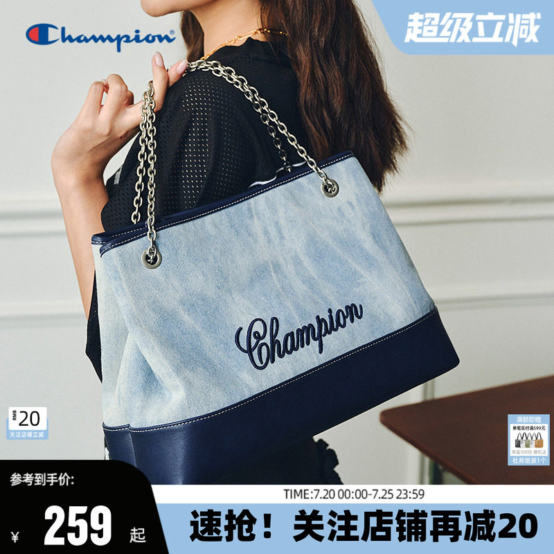 Champion水桶包带链条单肩包通勤学院街头立体造型撞色百搭斜挎包
