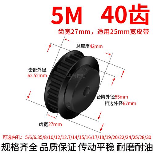 同步轮5M40齿钢黑BF带宽25内孔8 10 12 14 22 24 25同步带轮45#5M