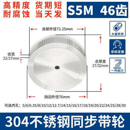 同步带轮S5M46齿宽22/27内孔5/6/8/10/14同步轮不锈钢304材质酸碱