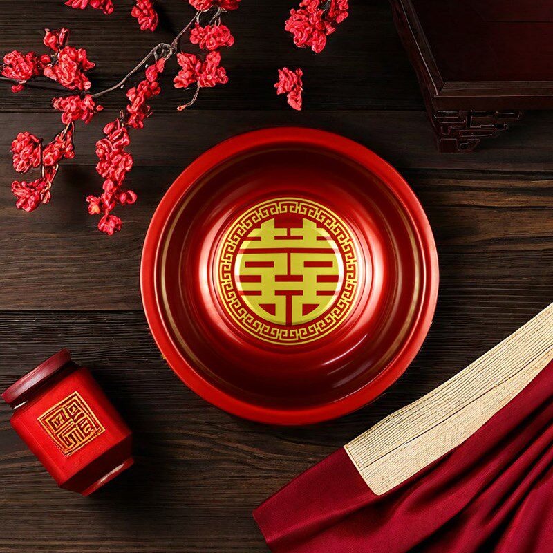 结婚喜盆新娘陪嫁嫁妆红色铁盆加厚脸盆洗脸盆洗脚盆婚庆用品