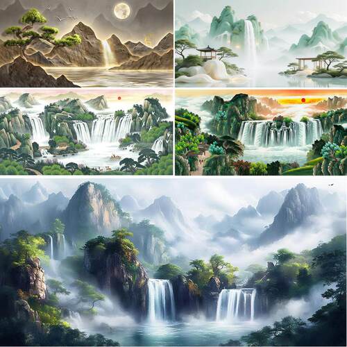 鱼缸背景贴纸壁纸水族箱造景静电山水画3d立体5d高清图缸外装饰画