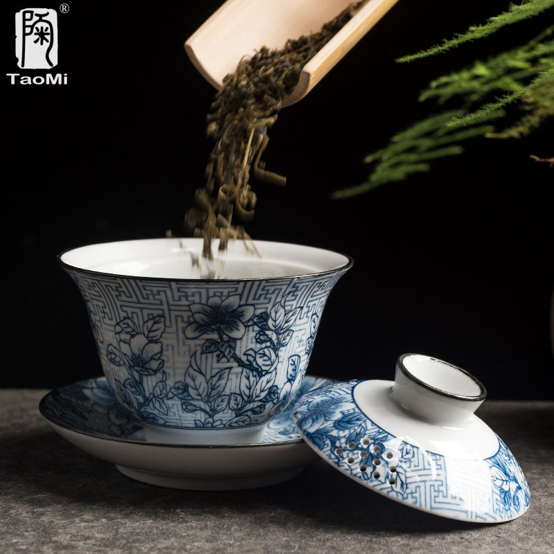 陶迷青花盖碗单个陶瓷大号茶碗景德镇天地人盖碗大容量家用泡茶器