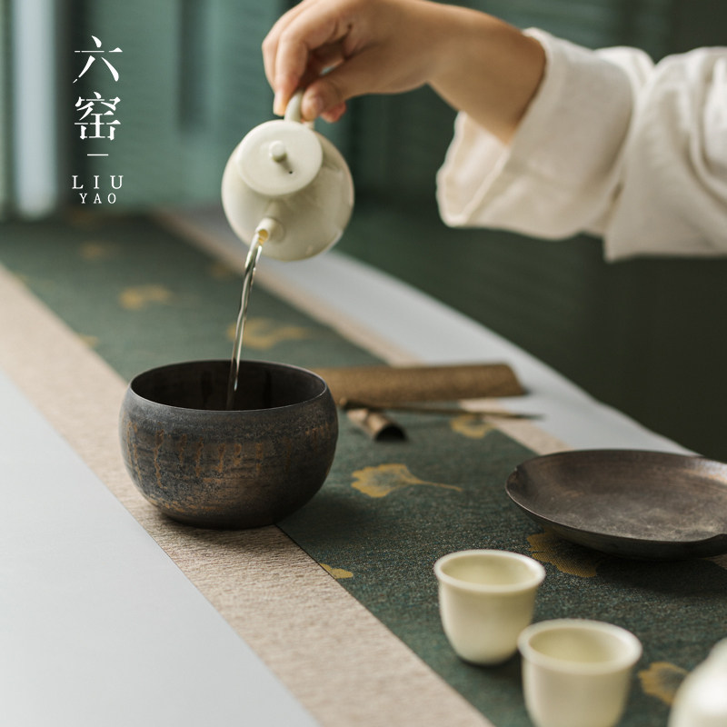 鎏金粗陶茶洗小号杯洗笔洗家用陶瓷水盂茶渣斗铁锈釉日式茶道建水