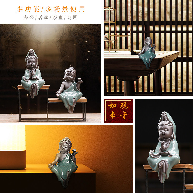 哥窑开片陶瓷人物小如来观音佛像摆件 家居博古架园艺装饰品摆设