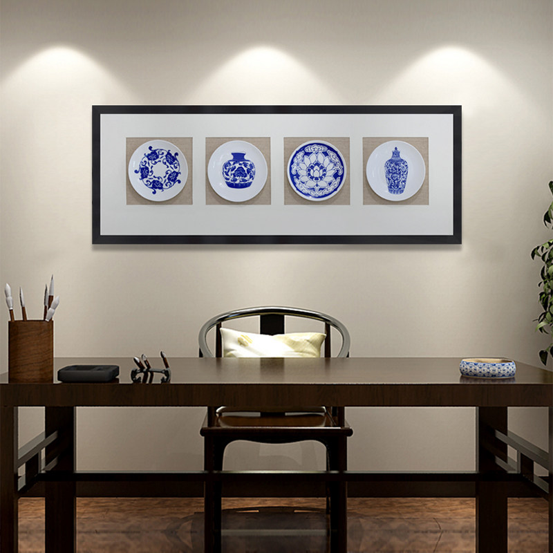 新中式客厅装饰画禅意风景走廊过道挂画玄关样板间壁画青花瓷盘子