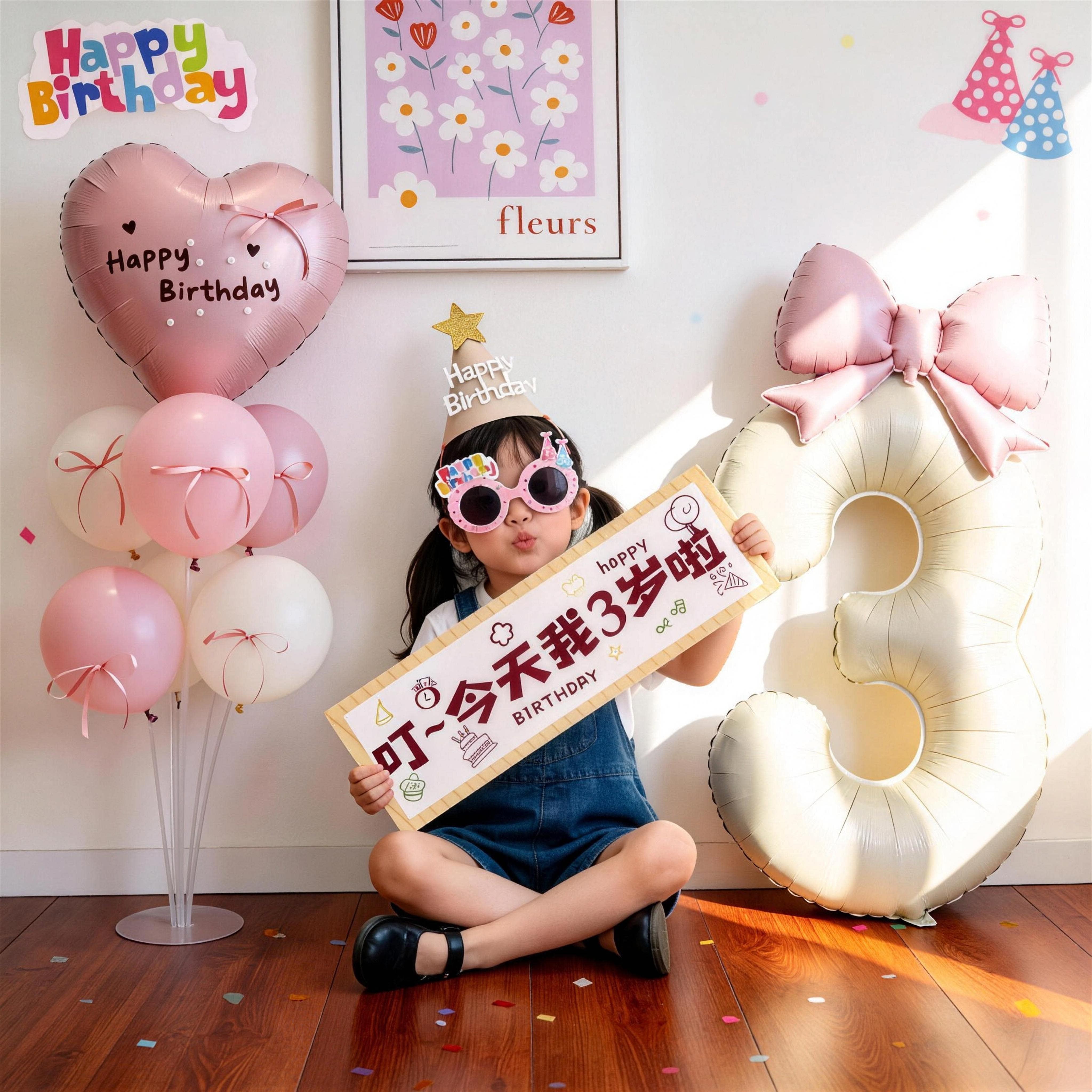 数字气球条幅女孩宝宝儿童3岁派对布置场景装饰生日帽拍照氛围感