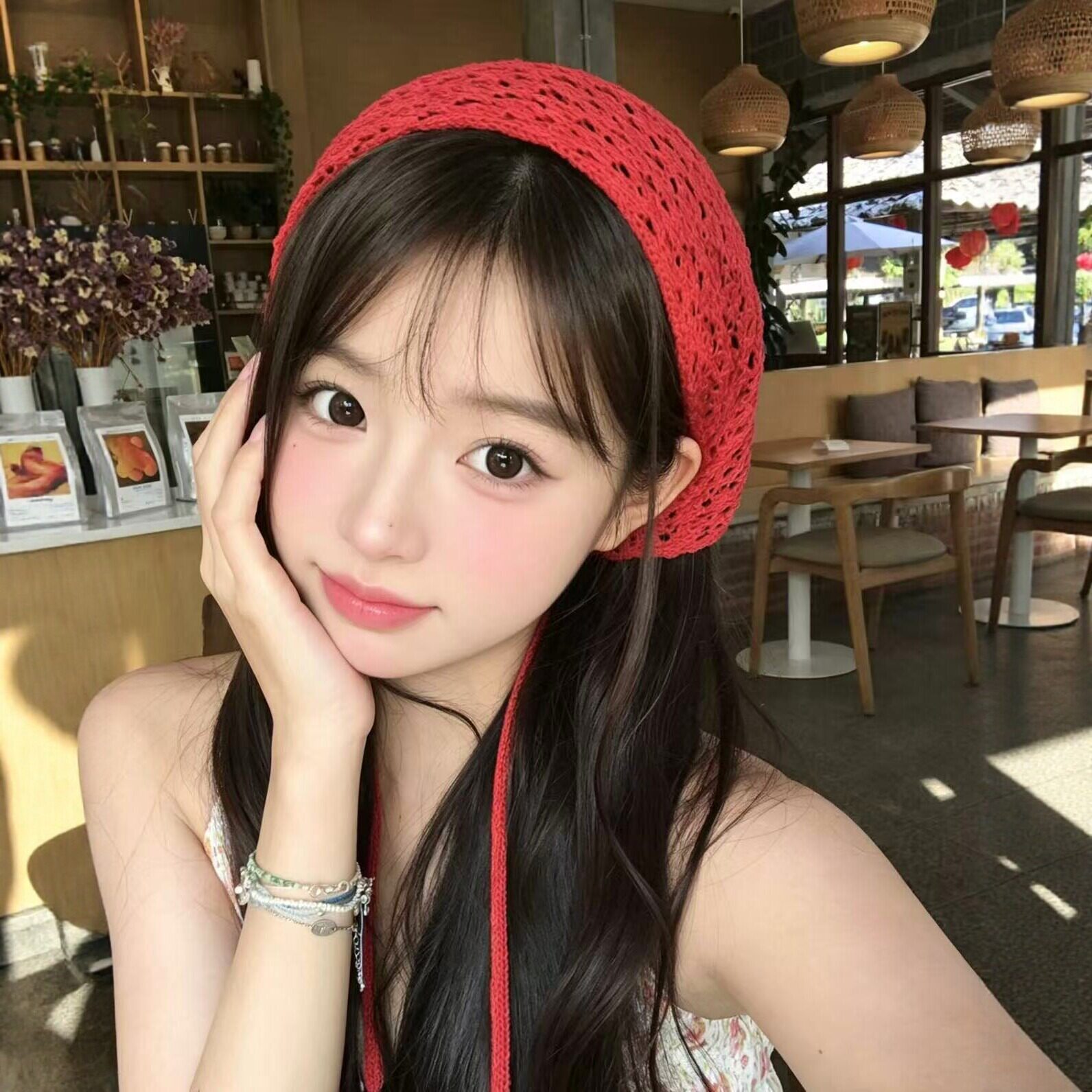 红色三角巾围巾头巾法式浪漫镂空针织女2026春夏新多功能叠穿屁帘