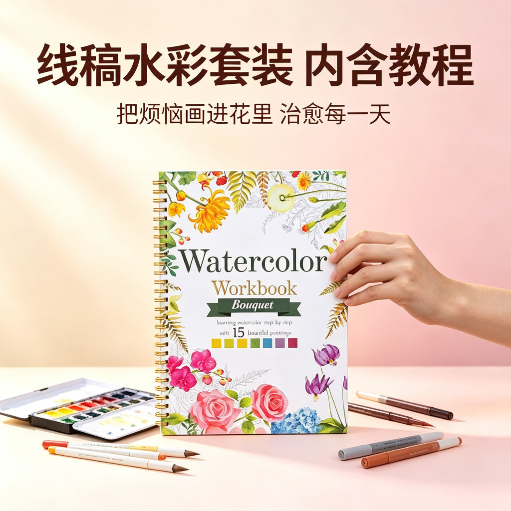 水彩颜料绘画本DIY涂色彩绘本成人解压治愈花束填色临摹线稿套装
