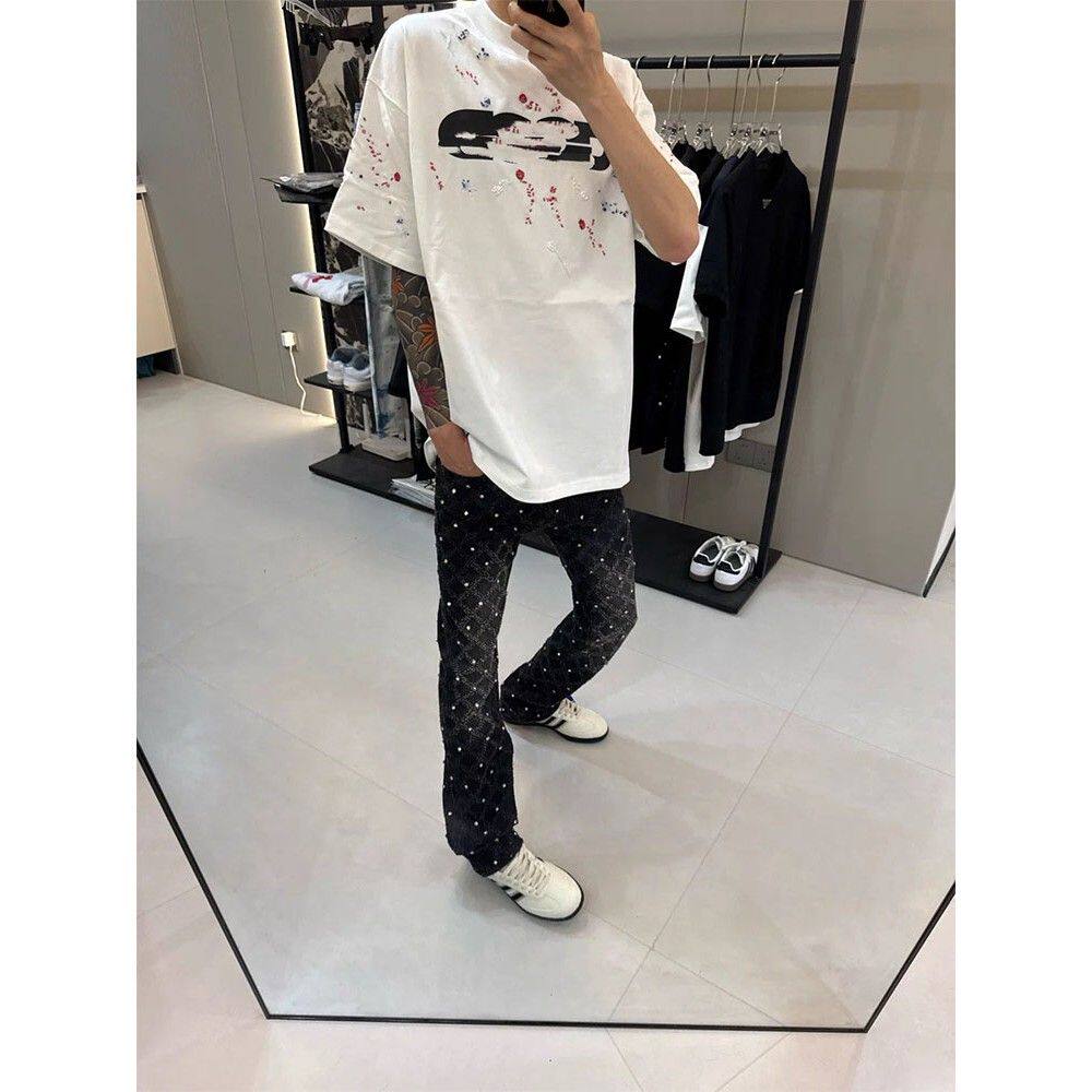 美式秋冬高街微喇铆钉牛仔裤男款潮牌直筒显瘦休闲百搭轻奢长裤子
