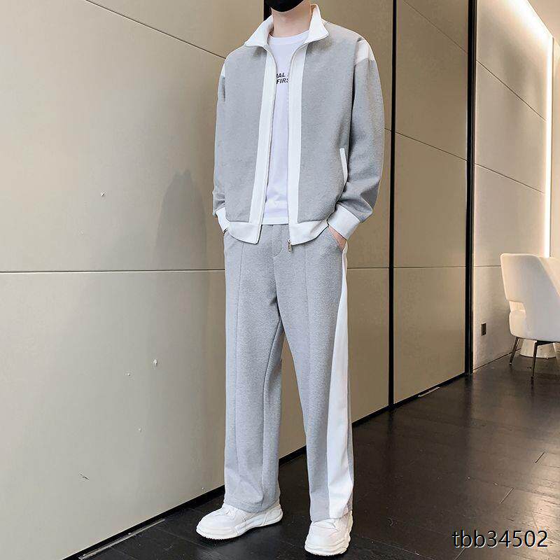 潮流个性外套卫衣卫裤痞帅两件套春季新款拼接休闲运动套装男时尚