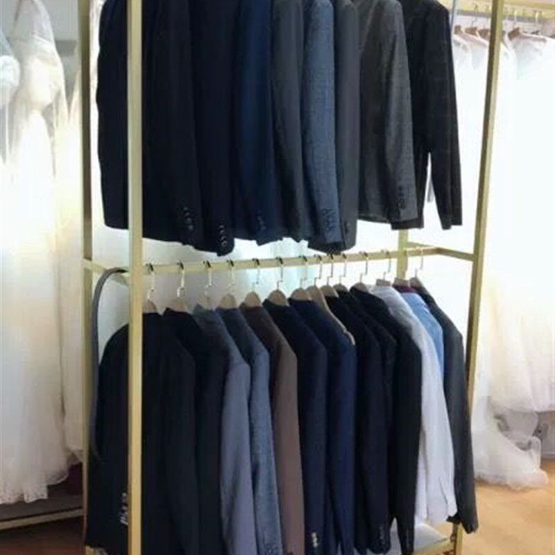 婚纱架子影楼高档展示架男装专用货架双层西装挂衣架金色置物架