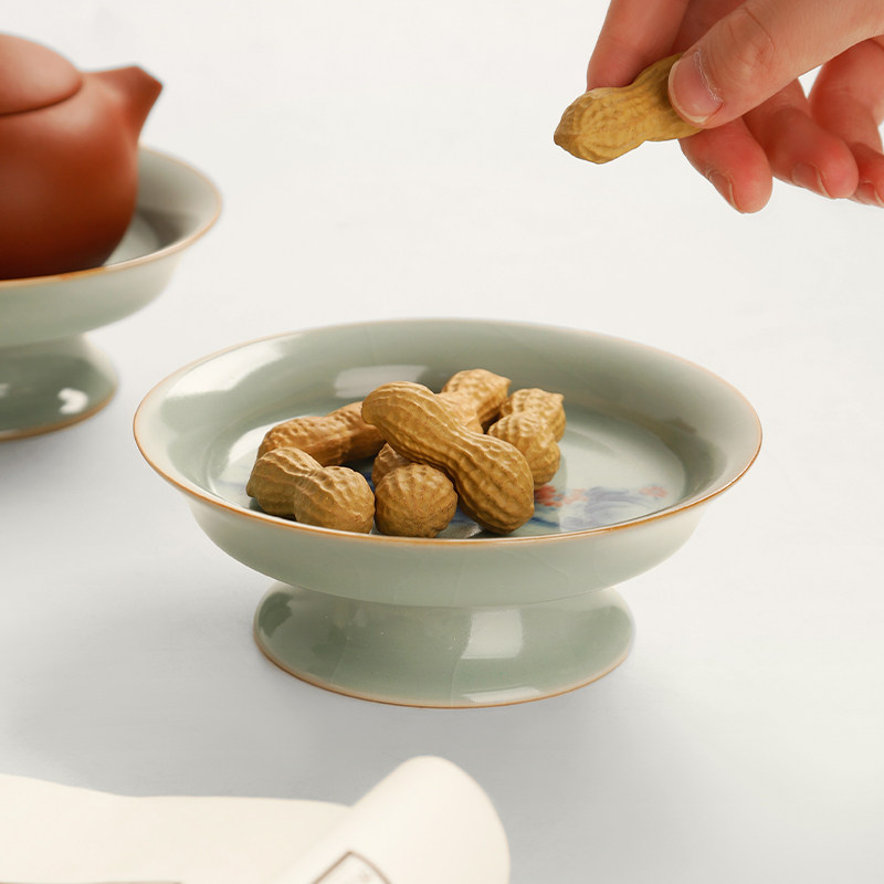 汝窑青花茶点盘陶瓷家用客厅高脚盘水果糕点盘日式零食盘高足托盘