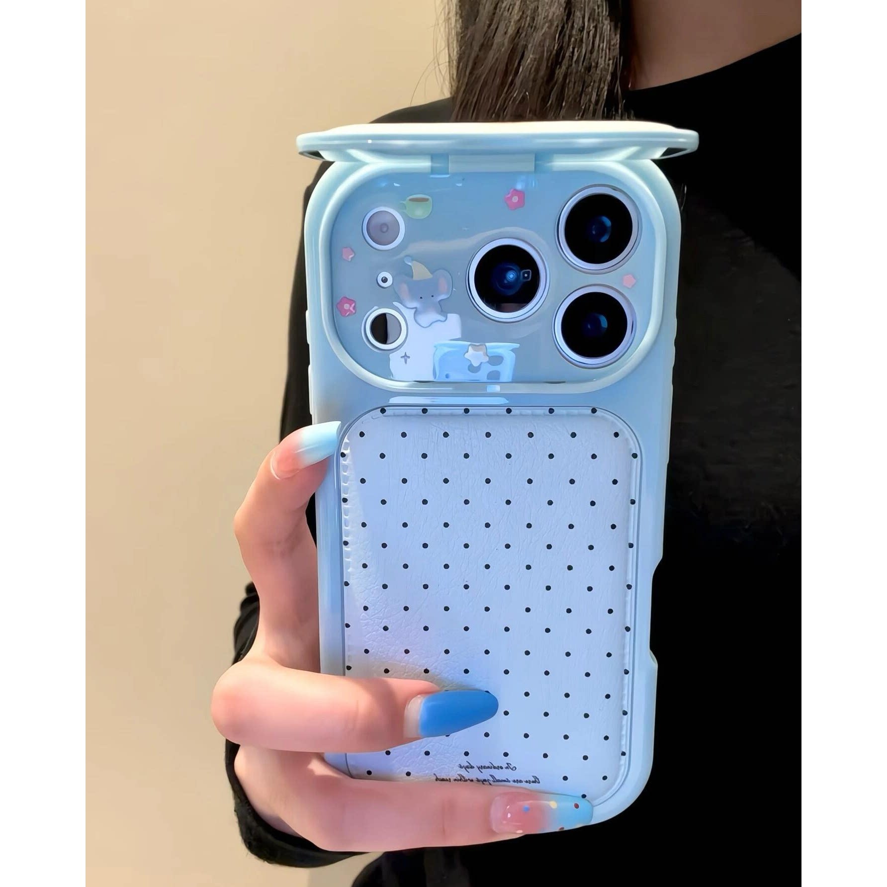 镜面翻盖奶蓝波点大视窗手机壳图片