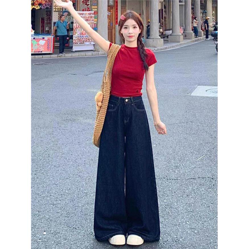 美式深蓝色阔腿牛仔裤女夏季薄款小个子宽松显瘦垂感拖地直筒裤潮