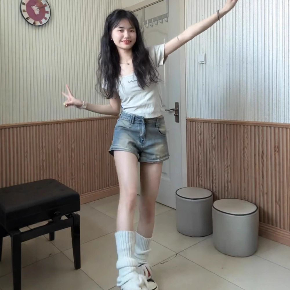 美式复古小个子牛仔短裤女夏薄款高腰弹力显瘦a字辣妹直筒阔腿裤