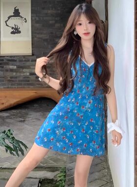 小个子法式蓝色无袖碎花洋装子女夏季2025新款爆款海边度假短裙