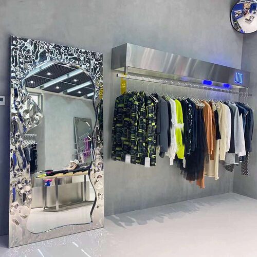 服装店落地镜不锈钢水波纹全身全身镜靠墙网红买手店X穿衣拍照道