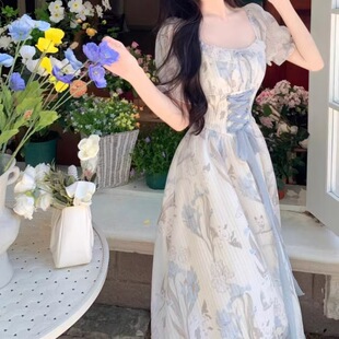 法式茶歇连衣裙女夏季新款气质高级感度假风收腰显瘦a字长裙子