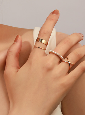 欧美时尚几何戒指套装ins个性珍珠指环四件套简约气质网红手饰女