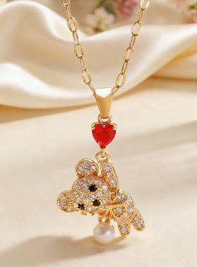 跨境欧美爱心气球小熊珍珠吊坠铜微镶锆石项链精致小众设计感饰品
