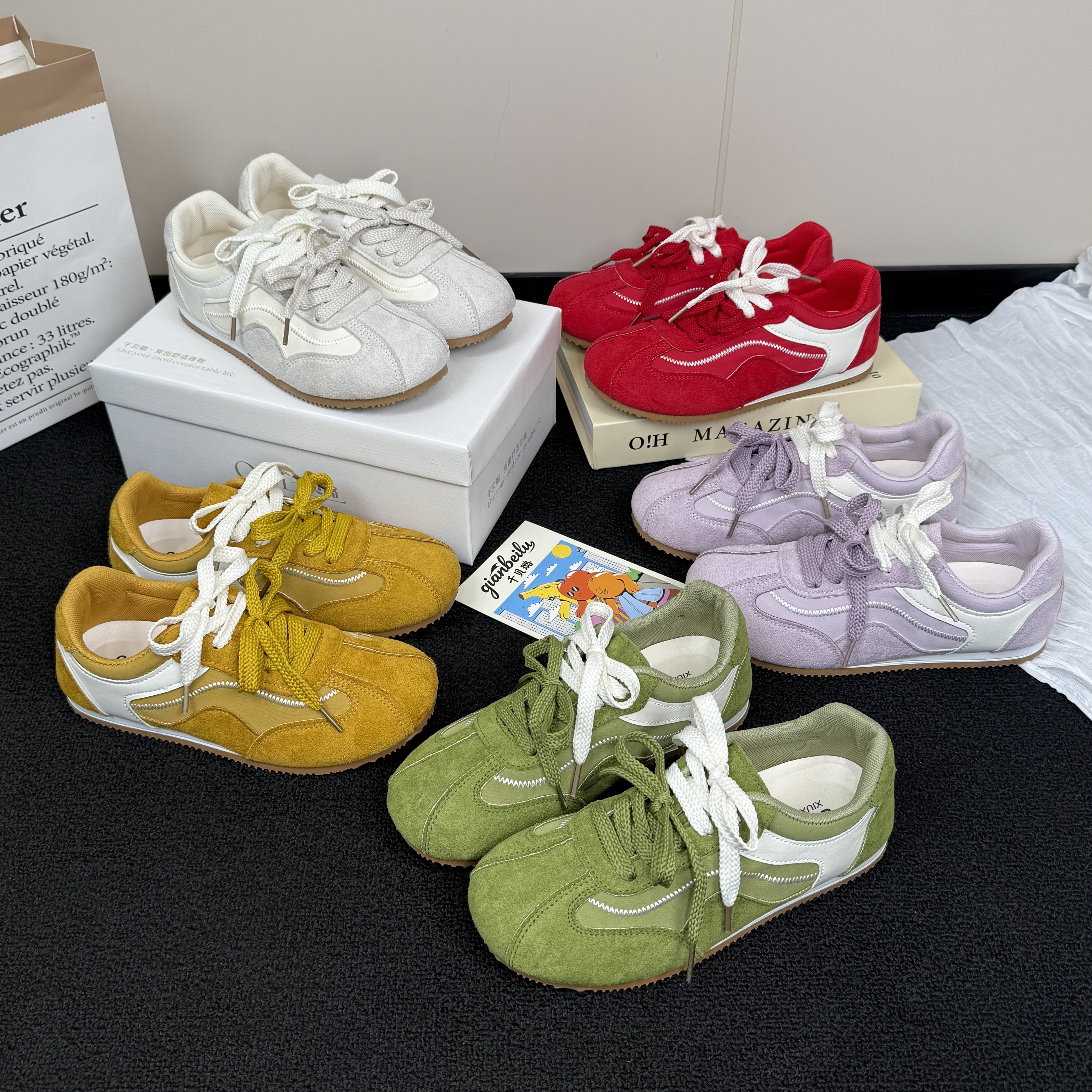 千贝璐【糖果拼色德训鞋】马卡龙色系平底复古阿甘鞋德训鞋女鞋