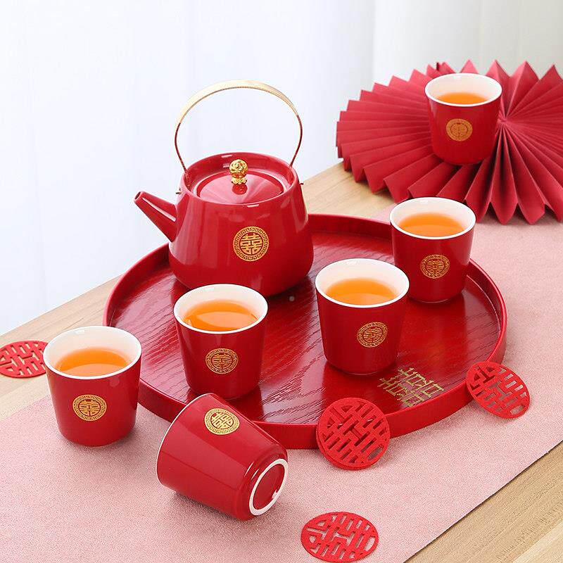 红色喜庆喜结婚茶套组大号茶壶一壶六杯中庆XSCF-cgh敬茶新娘陪式