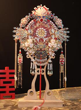 双面双色娘结婚团扇中式婚重礼工新喜扇CJT手工材包成品扇料高级
