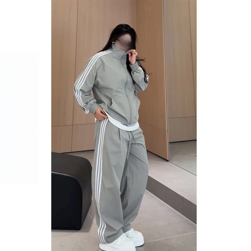 男女同款！夏季休闲百搭撞色条纹拉链立领夹克休闲裤运动套装