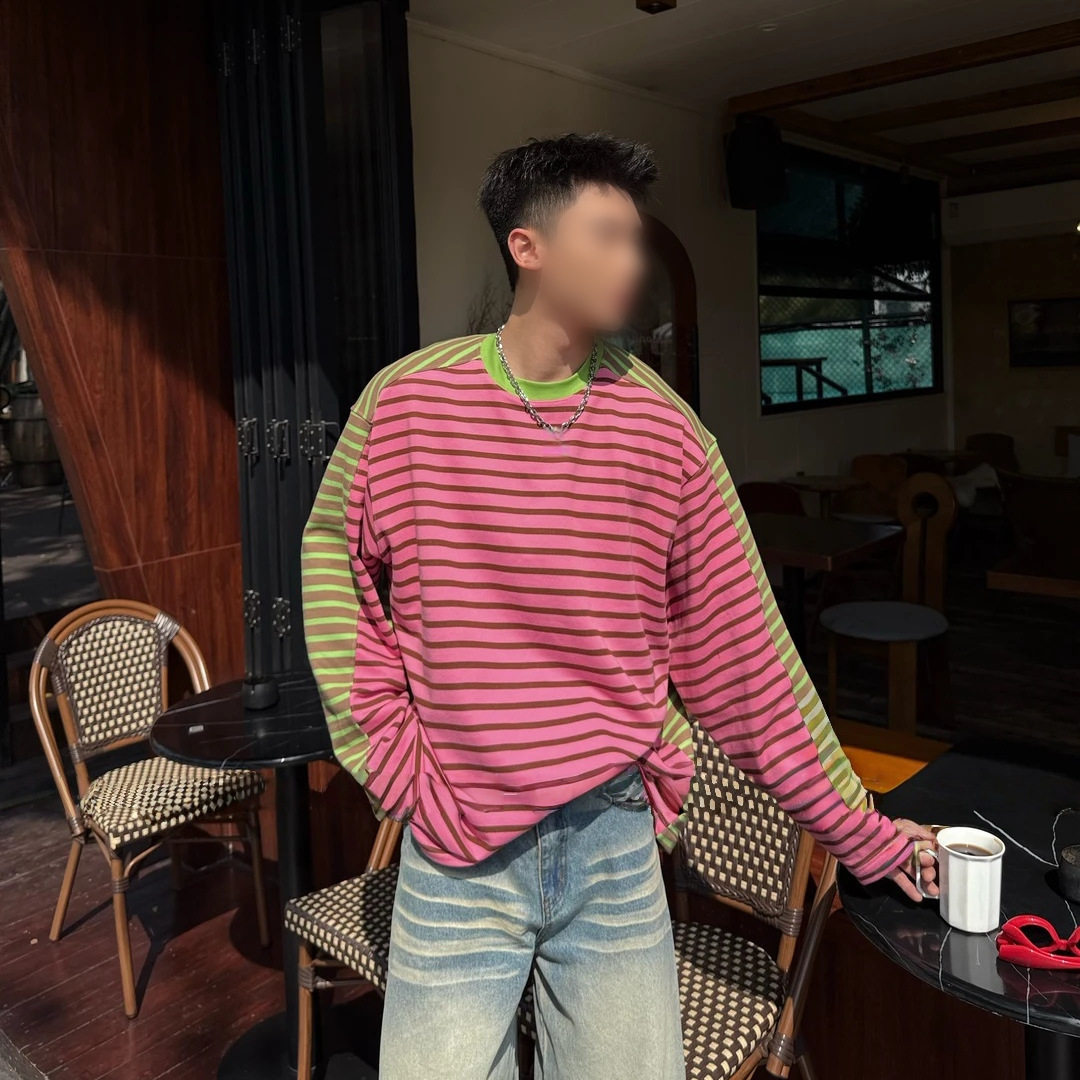 YD-自制美式休闲拼接条纹撞色小圆领毛圈棉男女情侣长袖T恤卫衣