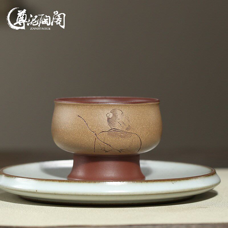 宜兴紫砂品杯品茗杯主人杯小茶杯功夫茶具配件套装手工刻绘口杯子