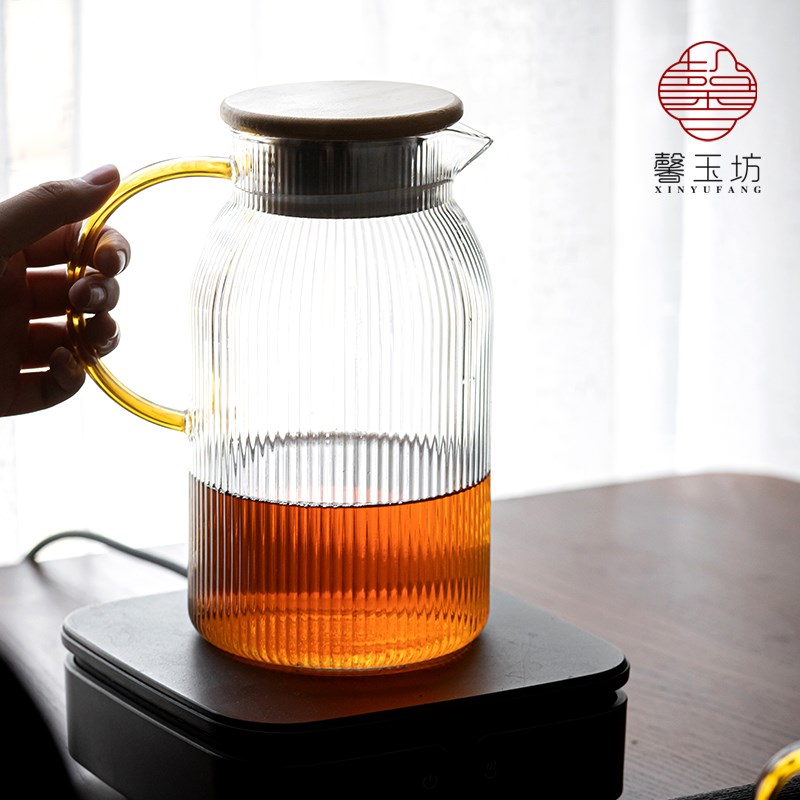 馨玉坊耐高温煮茶条纹玻璃凉水壶杯子套装一体过滤盖易清洗果茶壶