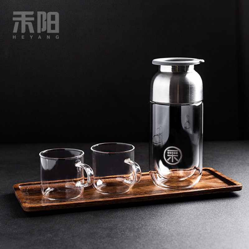 禾阳多采随手壶户外随身泡茶壶玻璃一壶二杯双层隔热旅行茶具套装