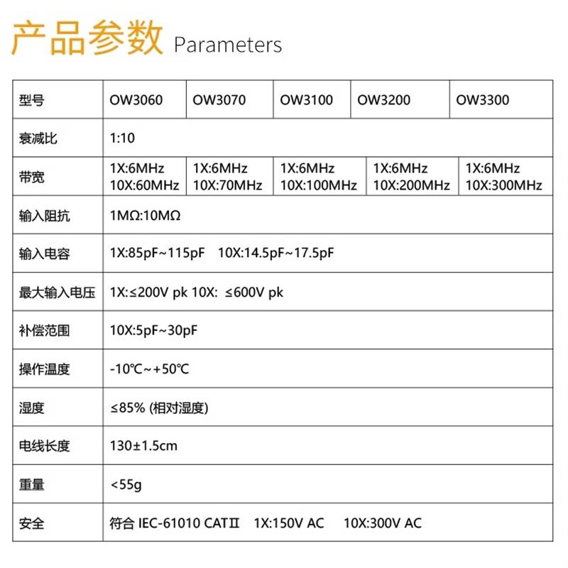 OWON示波器探头60M/100M/200M探极OW3000系列探棒X1X10探针钩子