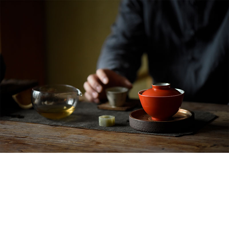 七月长景德镇陶瓷盖碗柿红茶碗泡茶碗描金珊瑚红釉茶具弥云斋青花
