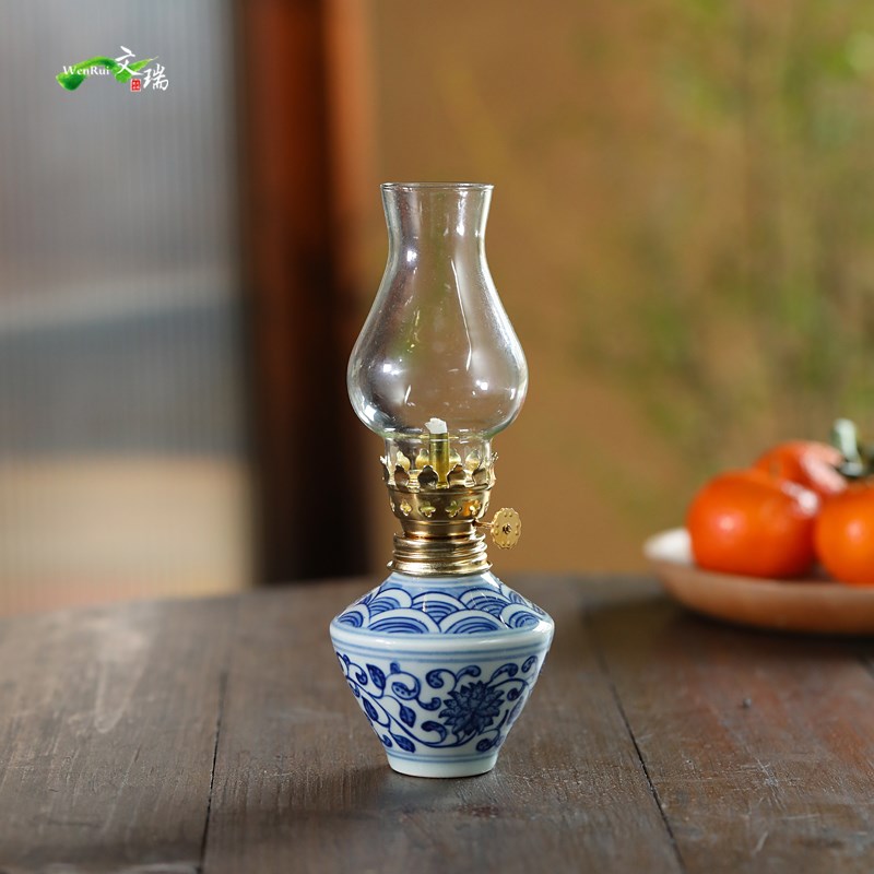 景德镇手绘青花陶瓷酥油灯中式创意茶室氛围灯老式煤油灯手工设计