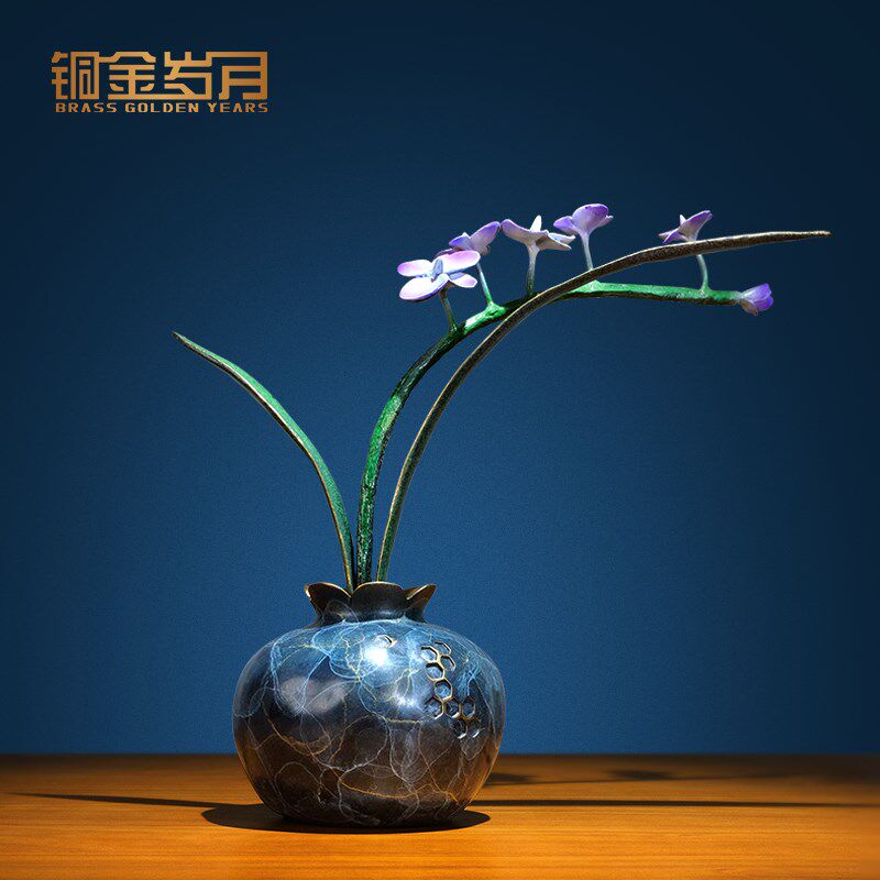 全黄铜兰花摆件客厅入户玄关博古架花瓶新中式花架花艺家居装饰