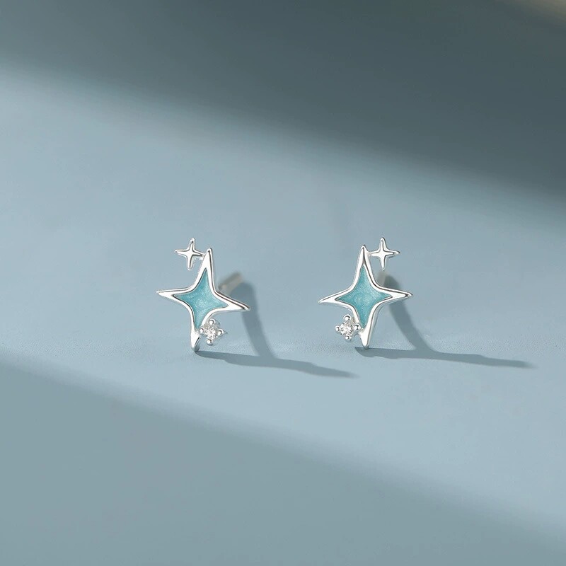 S999足银四芒星滴胶耳钉